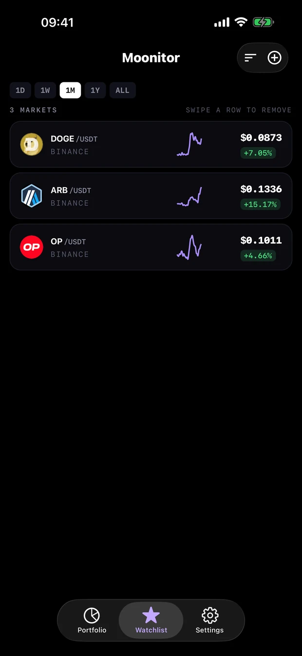 Moonitor watchlist on iPhone with live crypto prices
