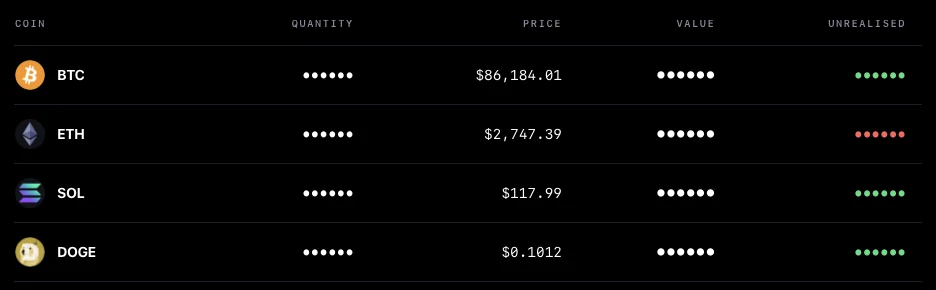 The same holdings table with hide balances on: quantities, values and profit are dots, live prices still visible