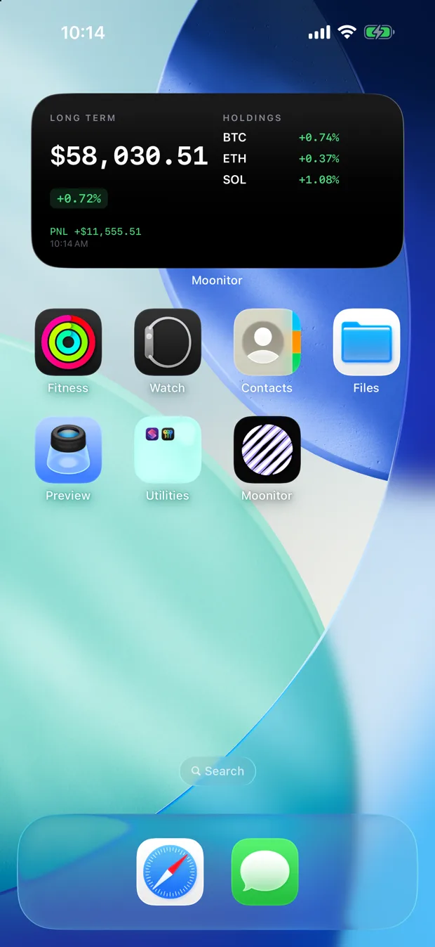 An iPhone home screen with the Moonitor widget showing the portfolio total, today's change and the top three holdings