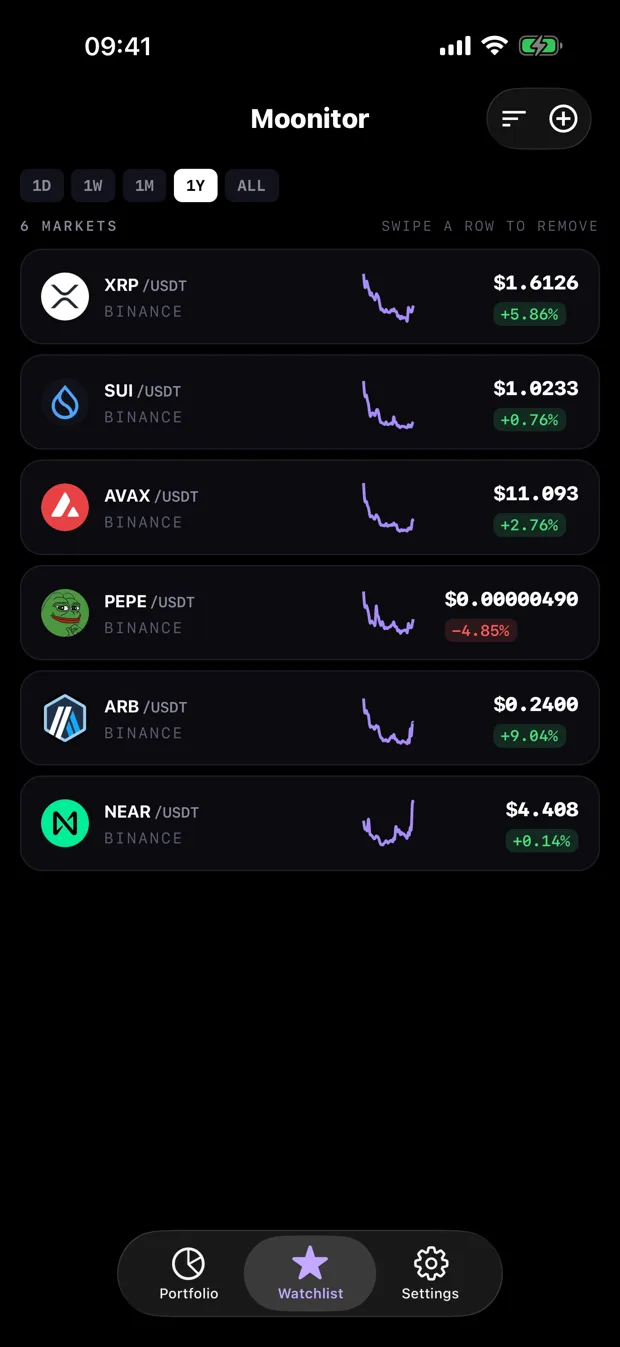 Moonitor watchlist on iPhone with live crypto prices