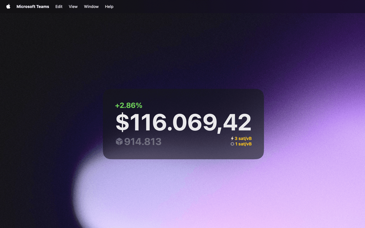 LilMoon on a Mac desktop showing the Bitcoin price at $116,069.42, up 2.86% over 24 hours, with block 914,813 and fees of 3 and 1 sat per vByte