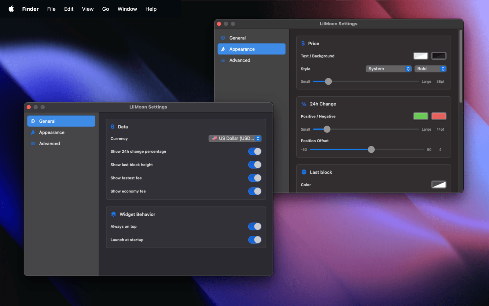 LilMoon settings windows on macOS, showing the General tab with currency and display toggles, and the Appearance tab with colour, font and size controls
