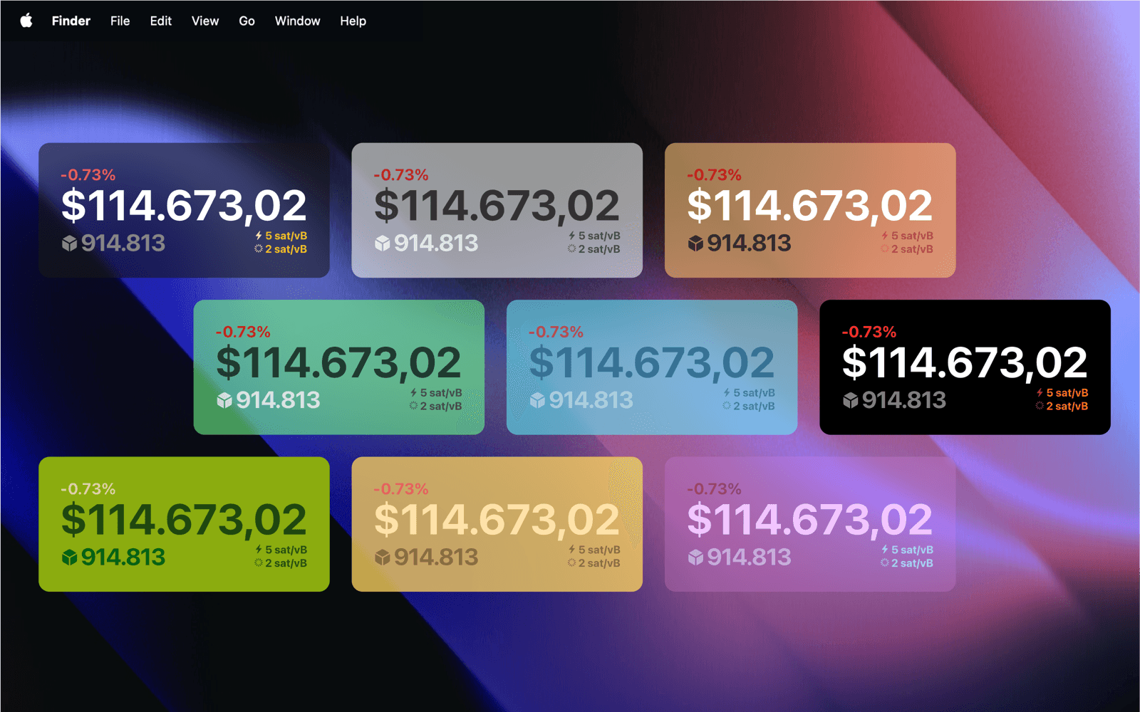 Nine LilMoon widgets on one desktop in different colour themes, from a dark translucent card to solid green, amber and pink