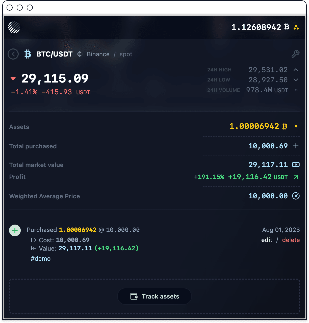 A holding in Moonitor recorded manually as a purchase of 1.00006942 BTC at 10,000.00, with the resulting cost, market value and profit shown above it