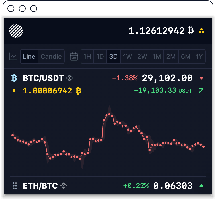 Moonitor running in a narrow window, showing the portfolio total and a compact market list with a price chart