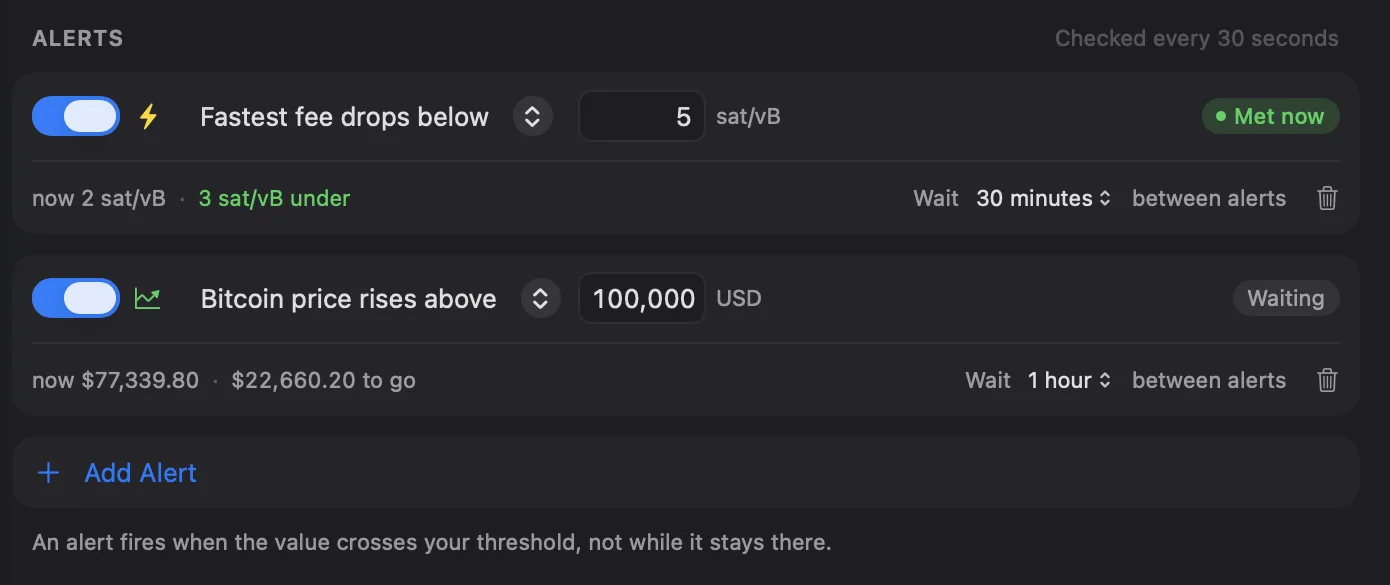 The LilMoon Alerts pane with two rules: fastest fee drops below 5 sat per vByte, and Bitcoin price rises above 100,000 dollars